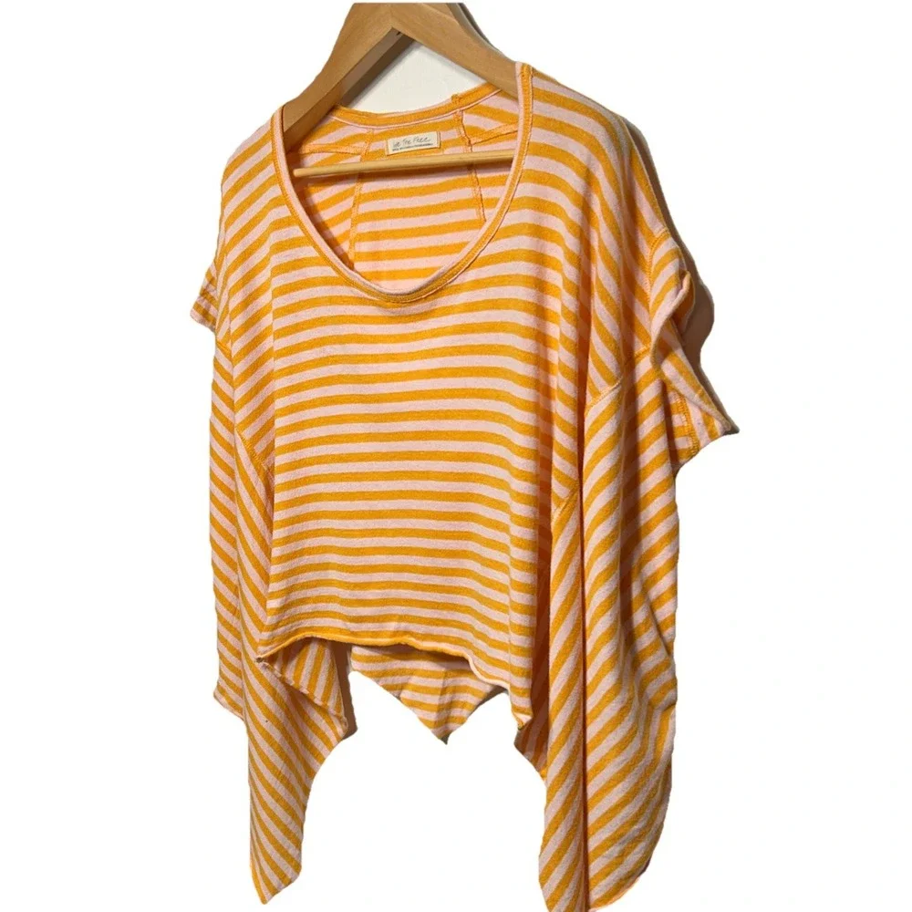 Free People Angel Cotton Handkerchief-Hem Tee Orange Stripe‎ Women's Size Small